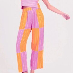 BEL KAZAN Faye Pant 100% Linen Hand Print in Bali 'Orangesicle' - XL/14